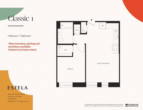 Floor plan for 1 bed, 1 bath, 588 sqft